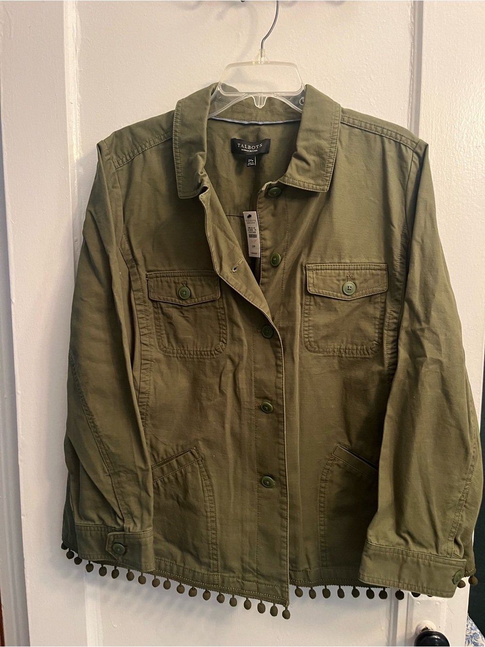 Talbots Olive Utility Jacket with Pom Trim Hem